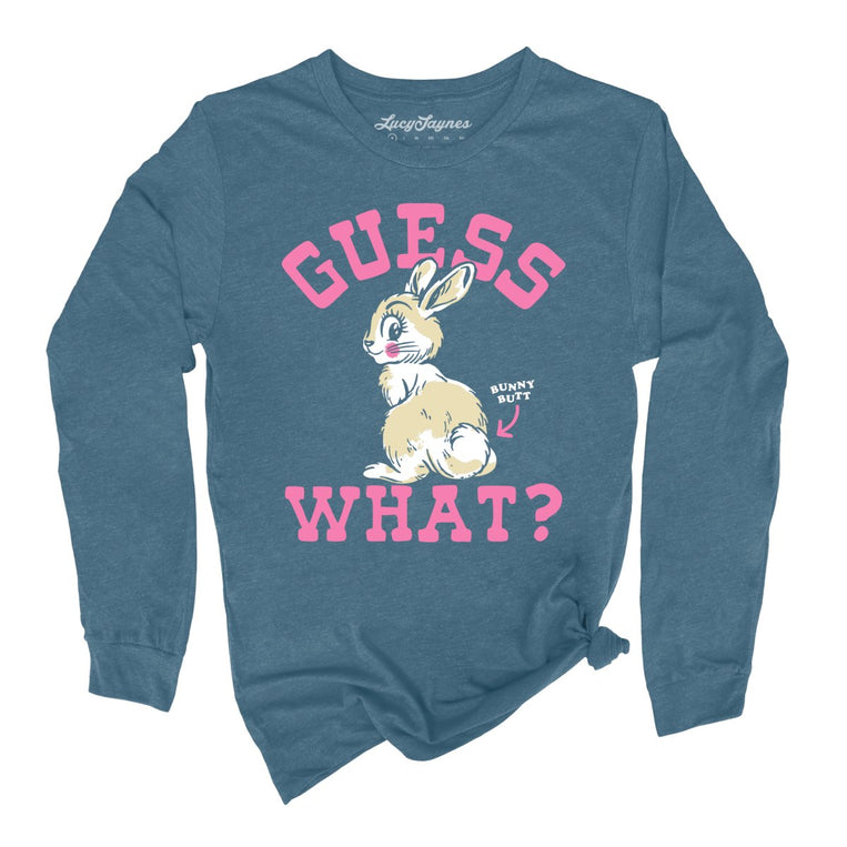 Guess What Bunny Butt Graphic Long Sleeve Tee - Heather Deep Teal