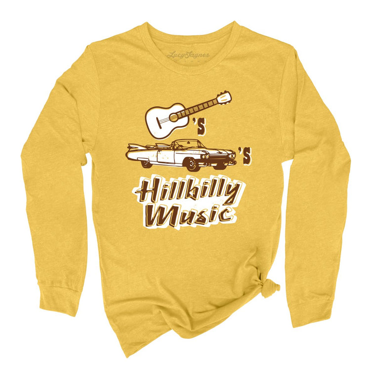 Guitars Cadillacs Hillbilly Music Graphic Long Sleeve Tee - Heather Yellow Gold