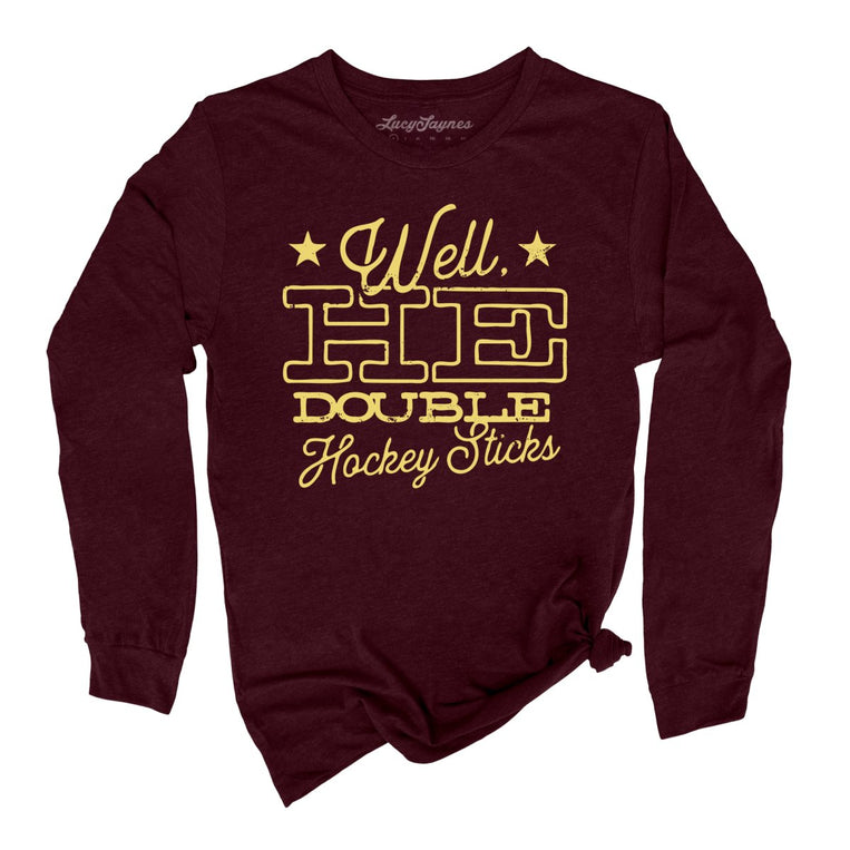 H E Double Hockey Sticks Graphic Long Sleeve Tee - Heather Cardinal
