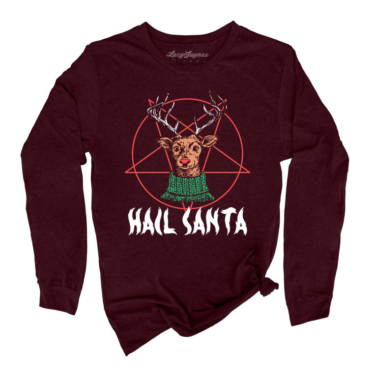 Hail Santa Graphic Long Sleeve Tee - Heather Cardinal