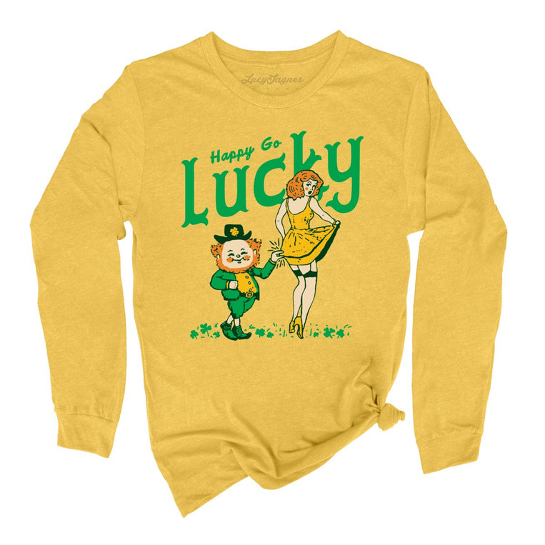 Happy Go Lucky Graphic Long Sleeve Tee - Heather Yellow Gold