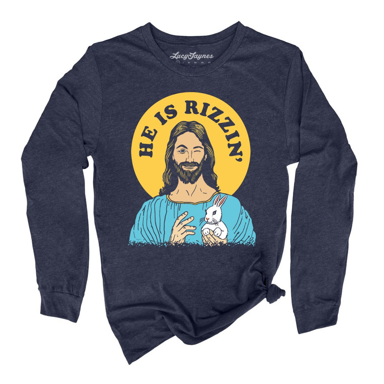 He Is Rizzin' Graphic Long Sleeve Tee - Heather Navy