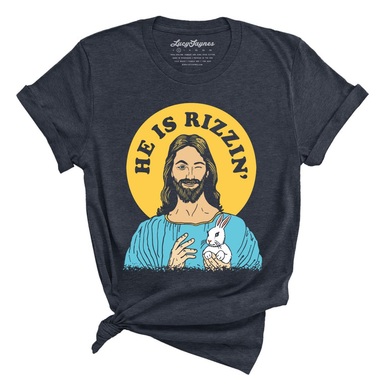 He Is Rizzin' Graphic Tee - Heather Midnight Navy