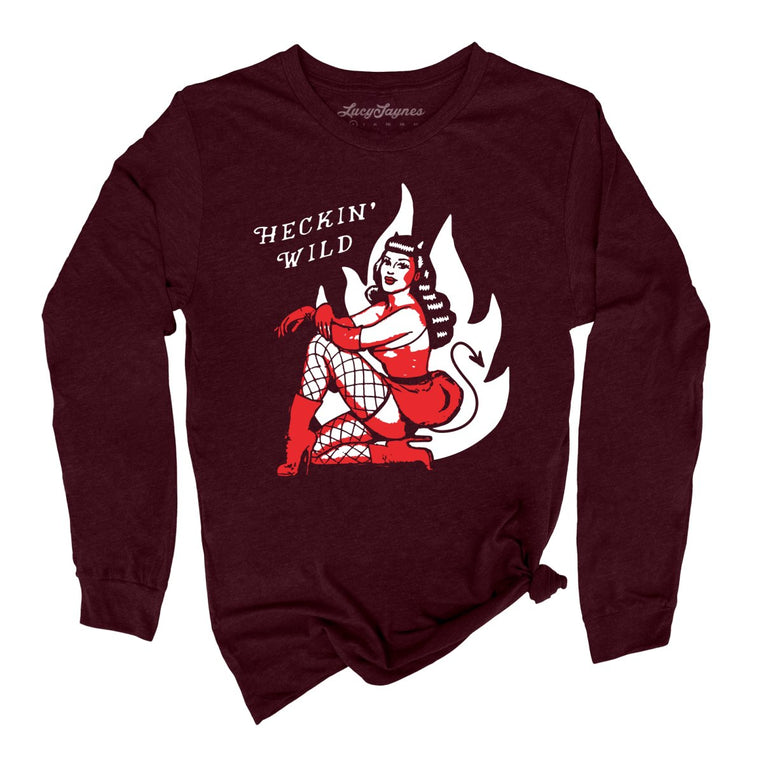 Heckin Wild Graphic Long Sleeve Tee - Heather Cardinal