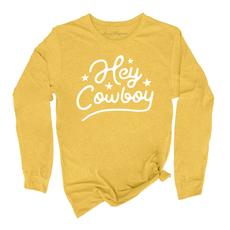 Hey Cowboy Graphic Long Sleeve Tee - Heather Yellow Gold