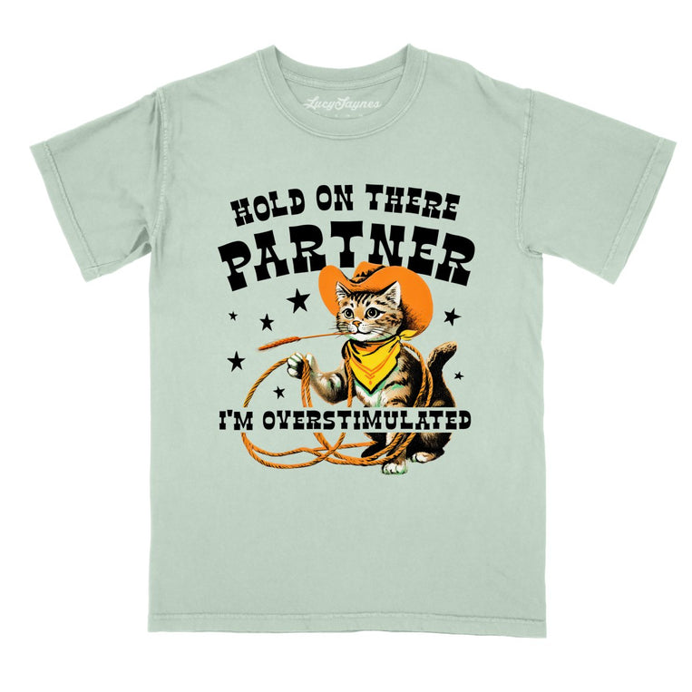Hold On There Partner I'm Overstimulated Comfort Colors Graphic Tee - Bay