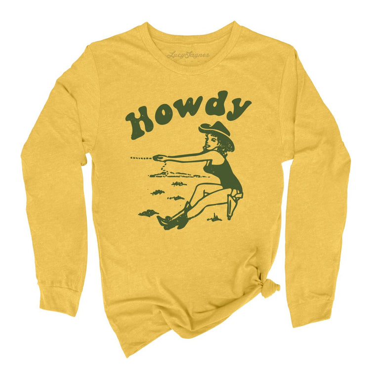Howdy Cowgirl Graphic Long Sleeve Tee - Heather Yellow Gold