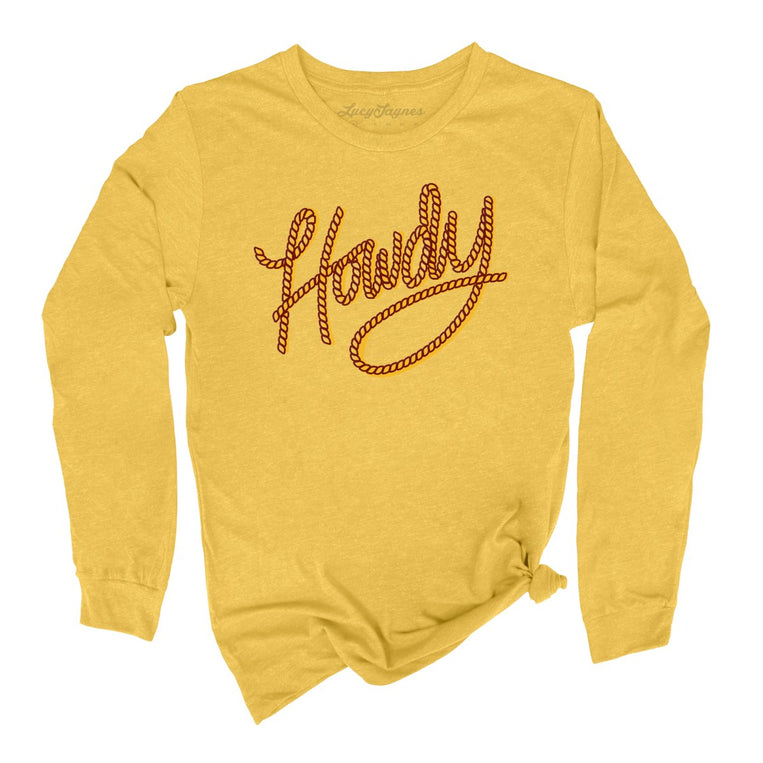 Howdy Rope Graphic Long Sleeve Tee - Heather Yellow Gold