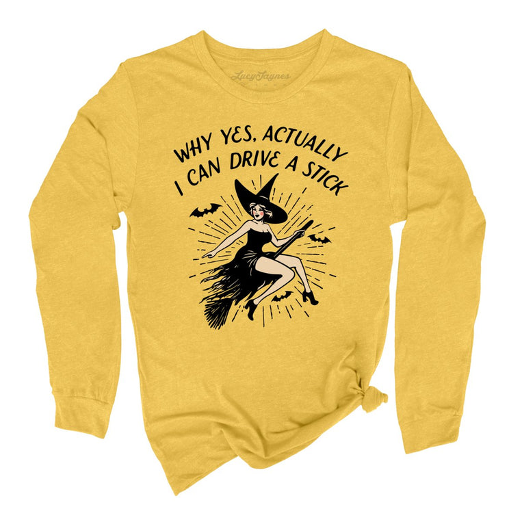 I Can Drive a Stick Graphic Long Sleeve Tee - Heather Yellow Gold