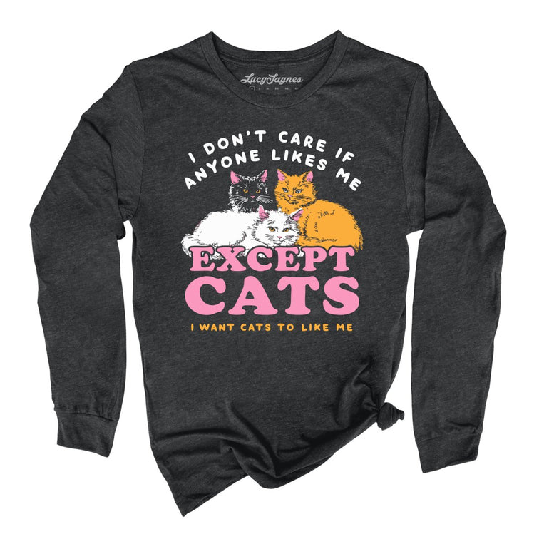 I Don't Care If Anyone Likes Me Except Cats Graphic Long Sleeve Tee - Dark Grey Heather