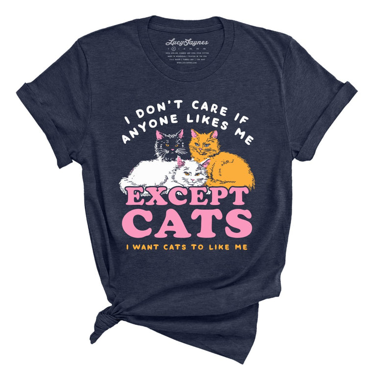 I Don't Care If Anyone Likes Me Except Cats Graphic Tee - Heather Midnight Navy