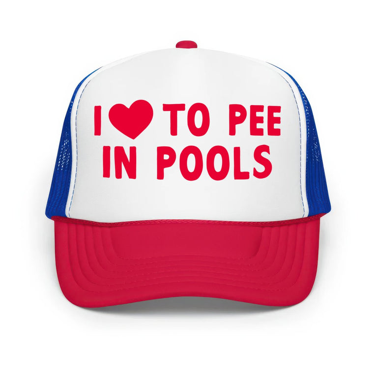 I Love To Pee In Pools Classic Foam Trucker Hat - White/Royal/Red