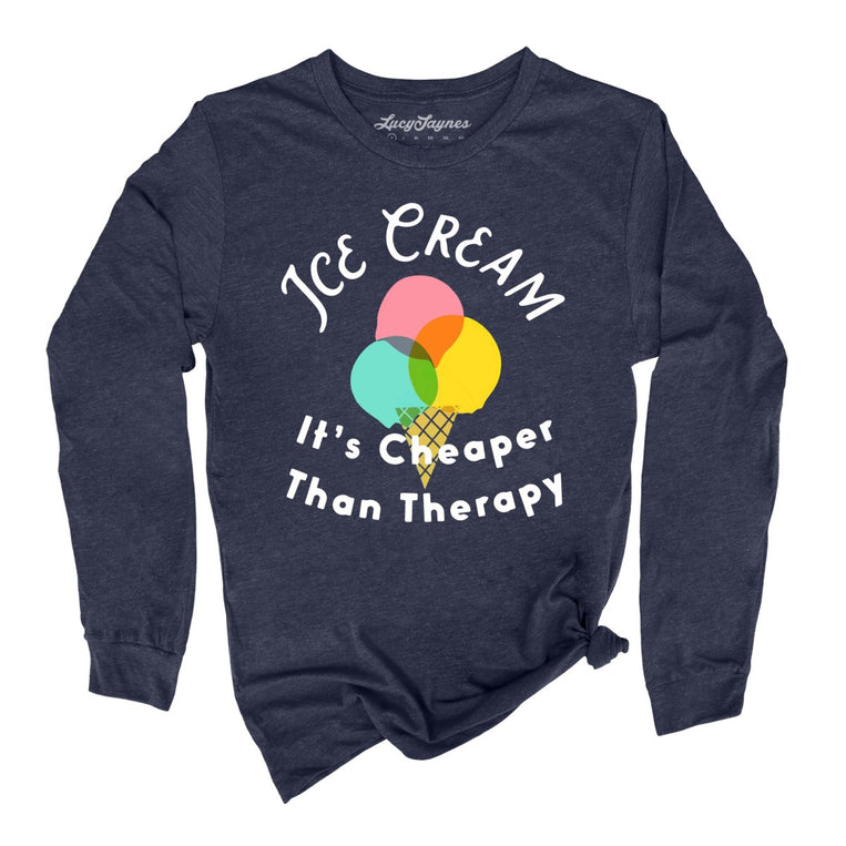 Ice Cream Cheaper Than Therapy Graphic Long Sleeve Tee - Heather Navy