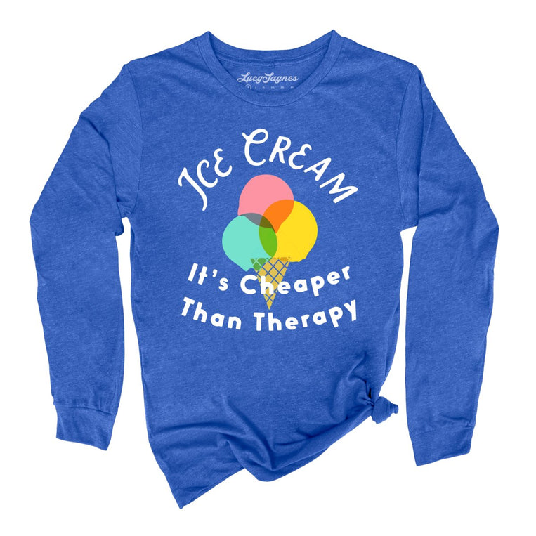Ice Cream Cheaper Than Therapy Graphic Long Sleeve Tee - Heather True Royal