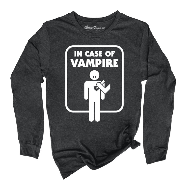 In Case of Vampire Graphic Long Sleeve Tee - Dark Grey Heather