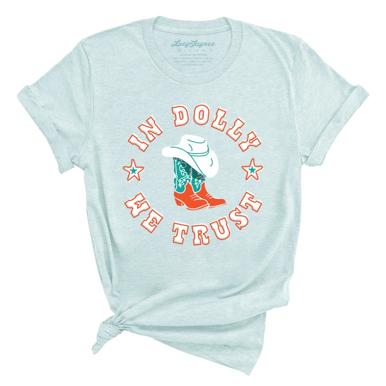 In Dolly We Trust Graphic Tee - Heather Ice Blue