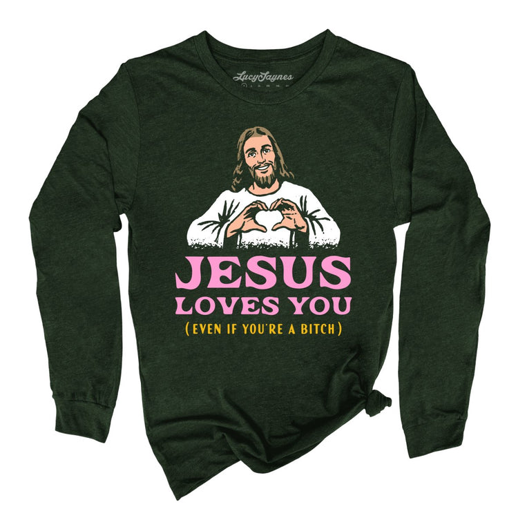 Jesus Loves You Graphic Long Sleeve Tee - Heather Forest