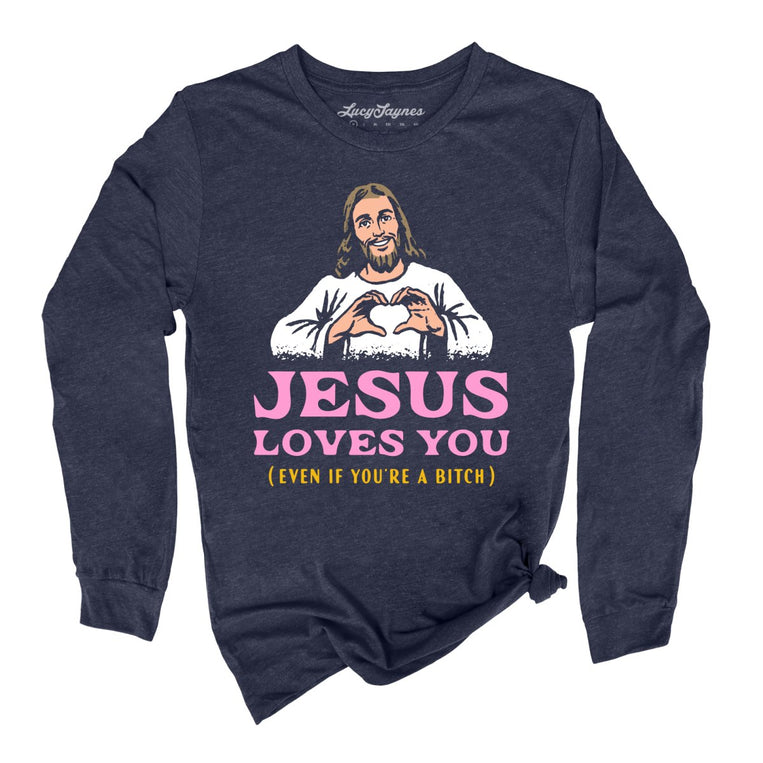 Jesus Loves You Graphic Long Sleeve Tee - Heather Navy