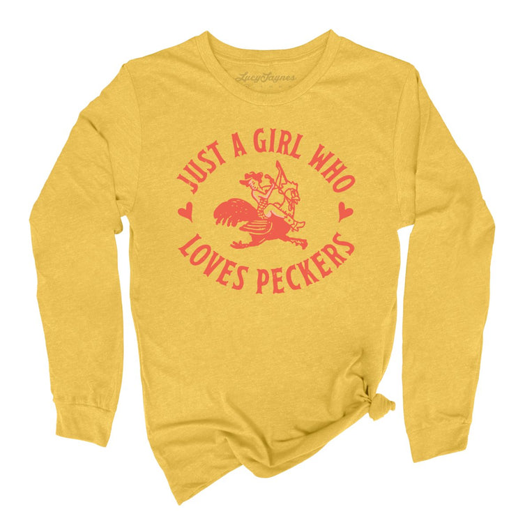 Just a Girl Who Loves Peckers Graphic Long Sleeve Tee - Heather Yellow Gold