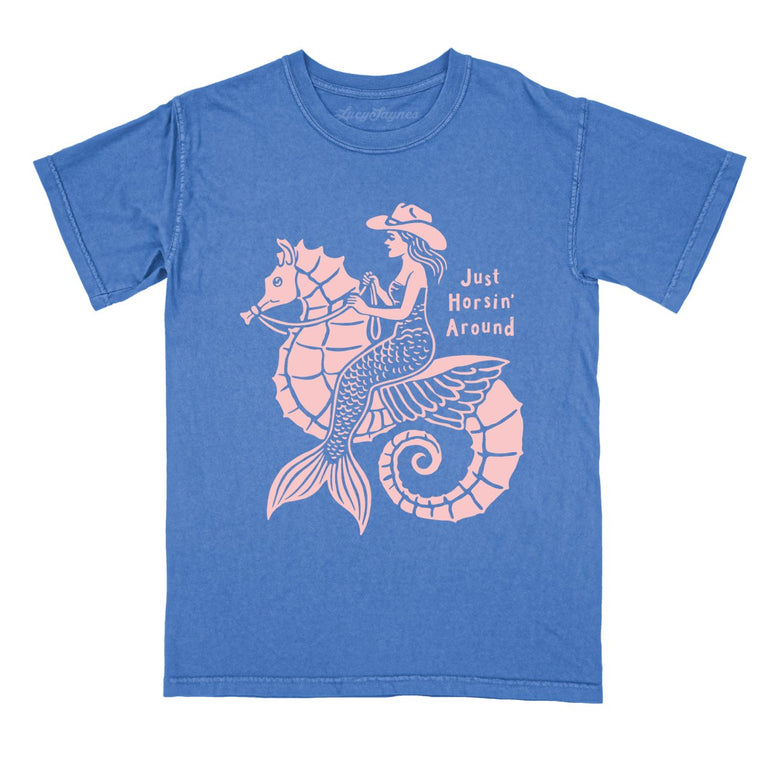 Just Horsin' Around Comfort Colors Graphic Tee - Flo Blue
