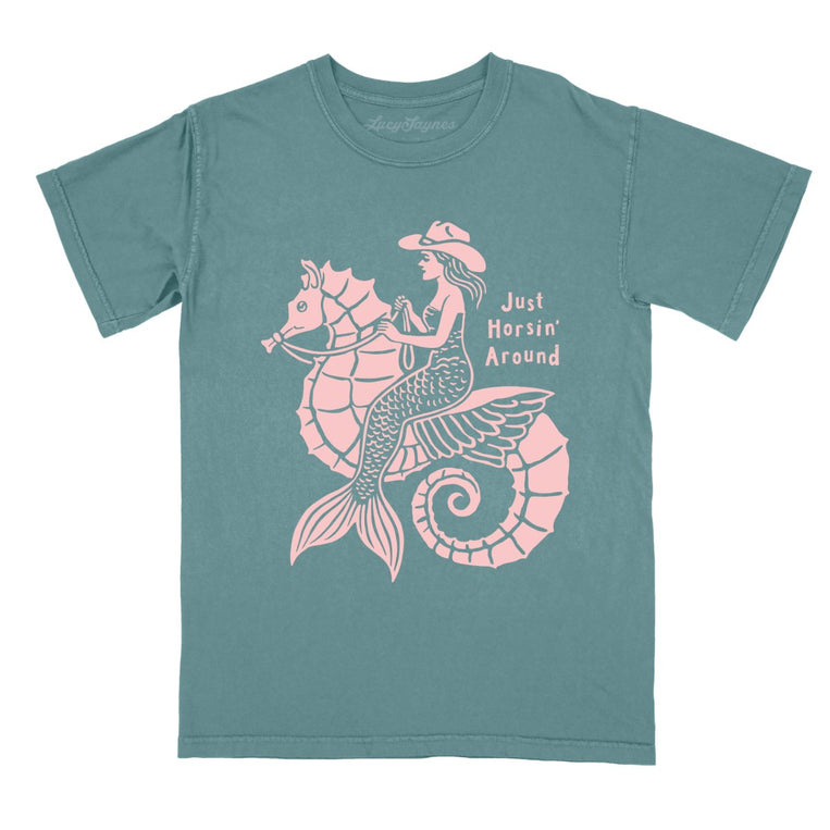 Just Horsin' Around Comfort Colors Graphic Tee - Blue Spruce