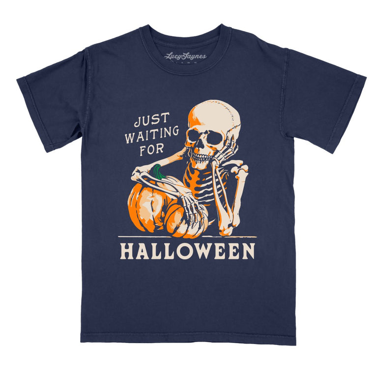 Just Waiting For Halloween Comfort Colors Graphic Tee - True Navy