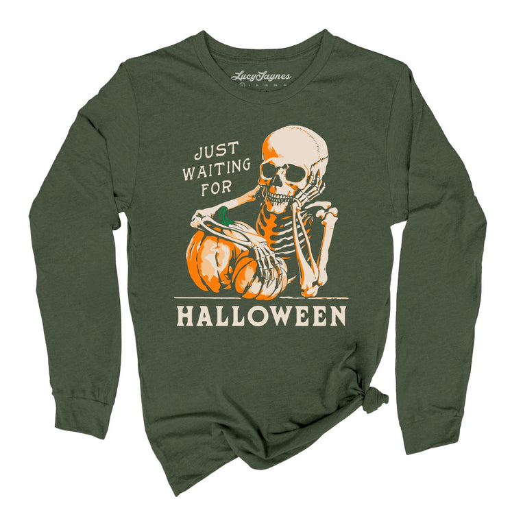 Just Waiting For Halloween Graphic Long Sleeve Tee - Military Green