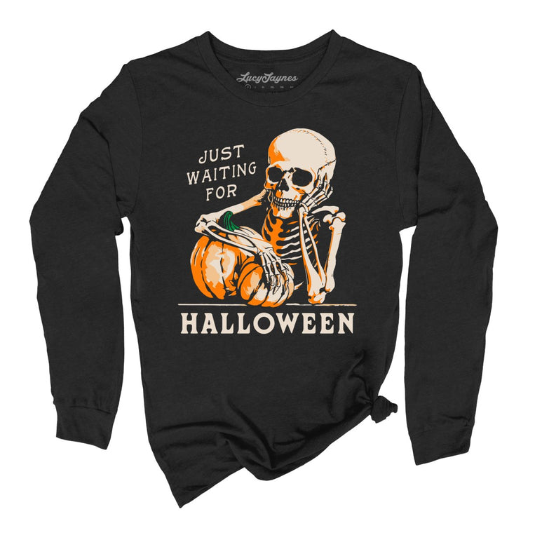 Just Waiting For Halloween Graphic Long Sleeve Tee - Black
