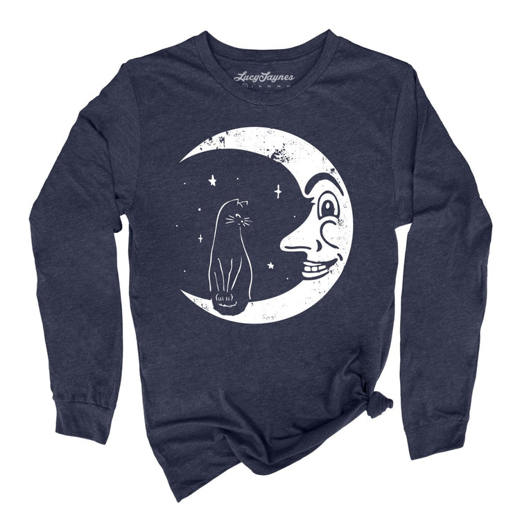 Kitty On The Moon Graphic Long Sleeve Tee - Heather Navy