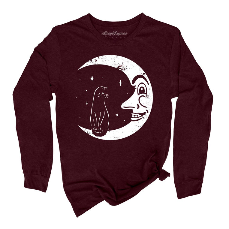 Kitty On The Moon Graphic Long Sleeve Tee - Heather Cardinal