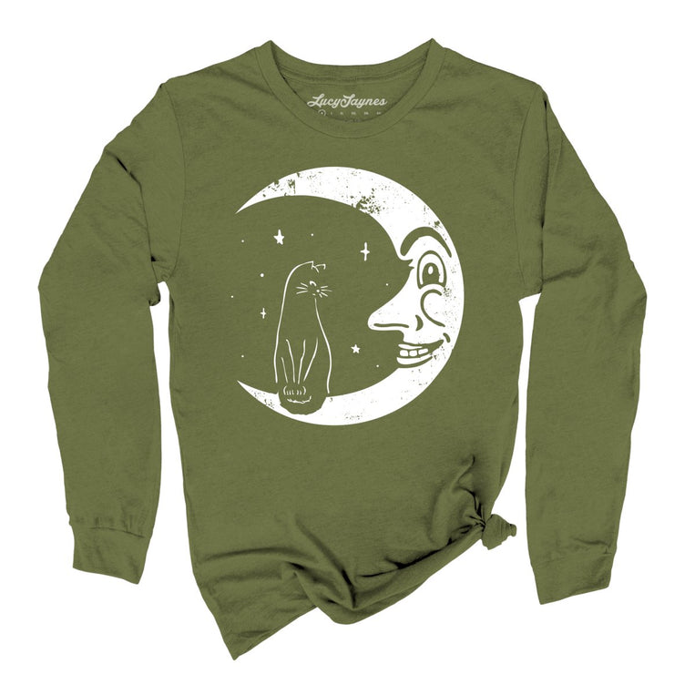 Kitty On The Moon Graphic Long Sleeve Tee - Olive