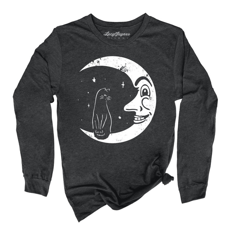 Kitty On The Moon Graphic Long Sleeve Tee - Dark Grey Heather