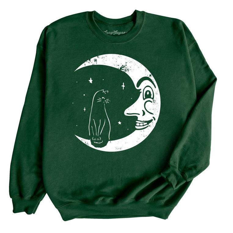 Kitty On The Moon Graphic Sweatshirt - Forest