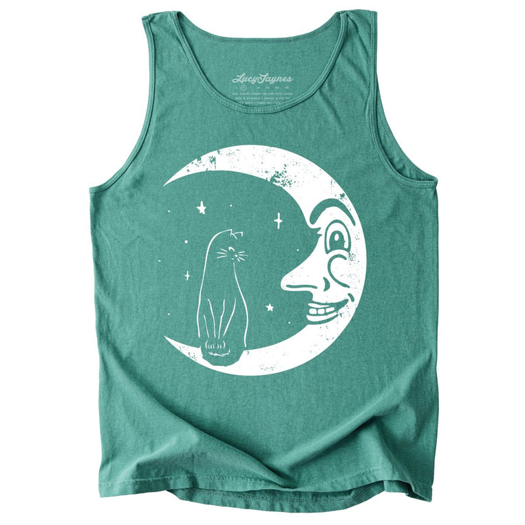 Kitty On The Moon Comfort Colors Graphic Tank Top - Light Green