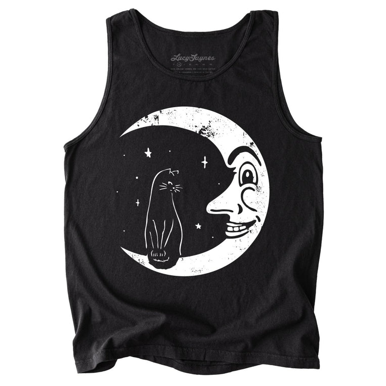 Kitty On The Moon Comfort Colors Graphic Tank Top - Black