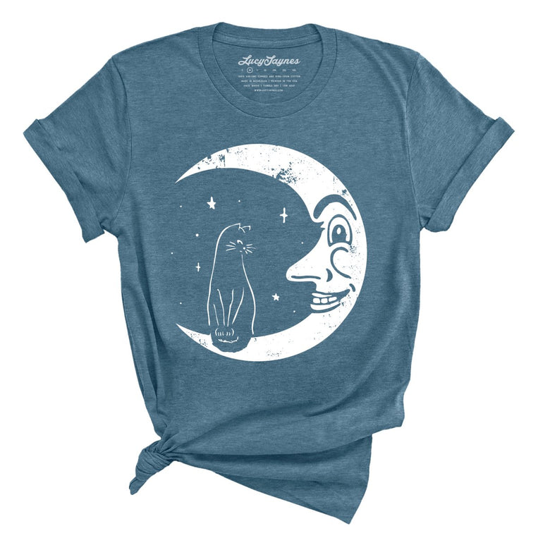 Kitty On The Moon Graphic Tee - Heather Deep Teal