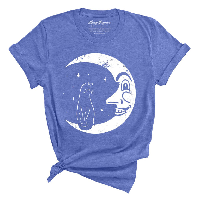 Kitty On The Moon Graphic Tee - Heather Columbia Blue