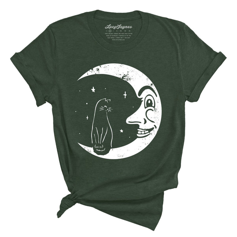 Kitty On The Moon Graphic Tee - Heather Forest