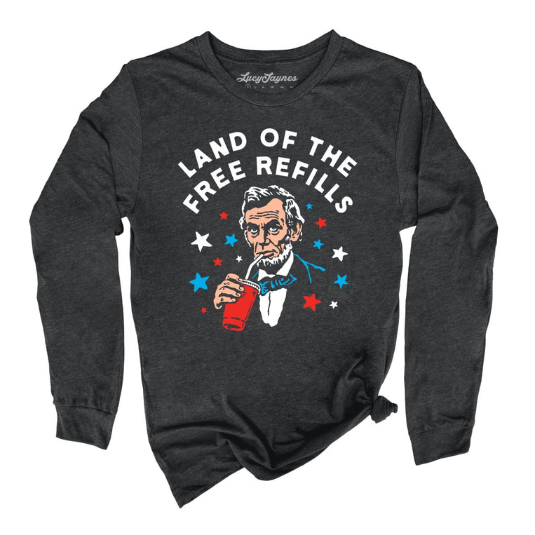 Land Of The Free Refills Graphic Long Sleeve Tee - Dark Grey Heather