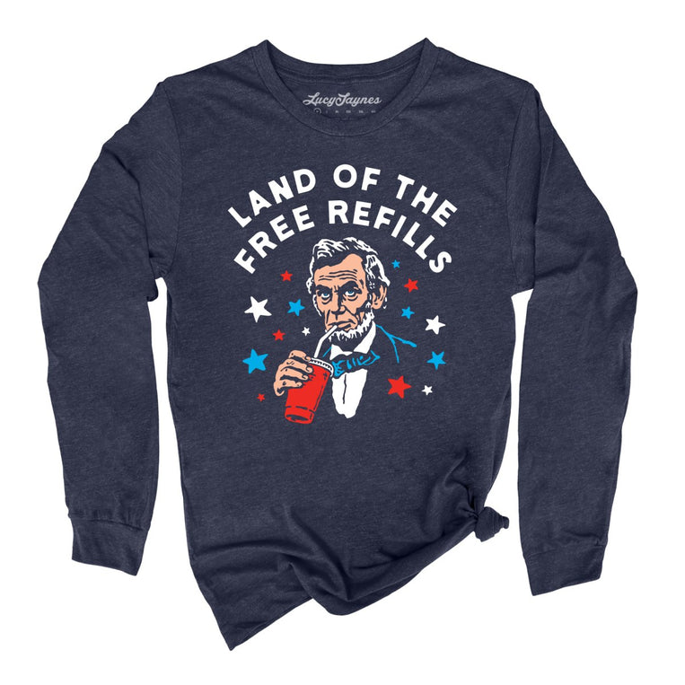 Land Of The Free Refills Graphic Long Sleeve Tee - Heather Navy