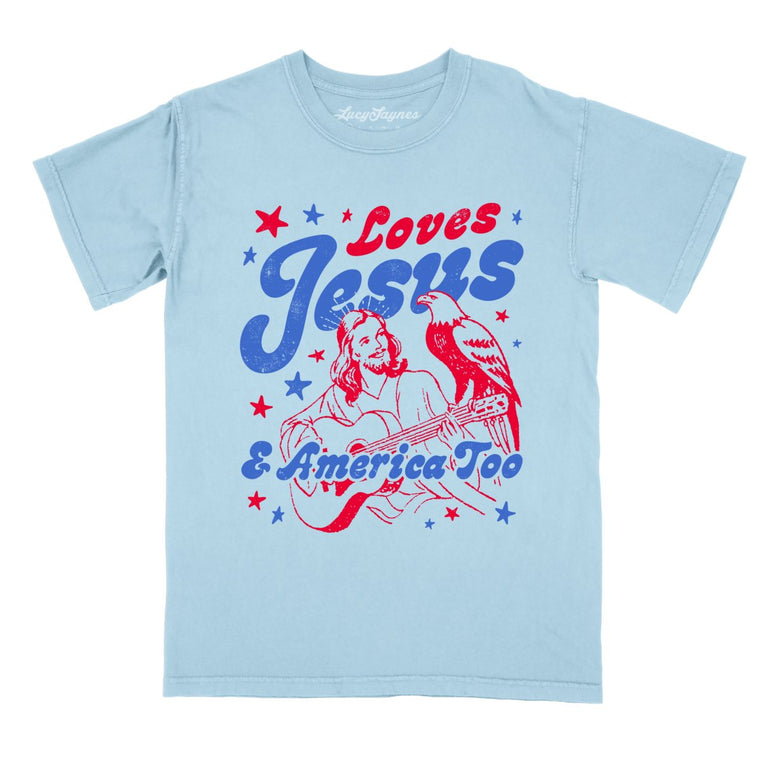 Loves Jesus And America Too Comfort Colors Graphic Tee - Chambray
