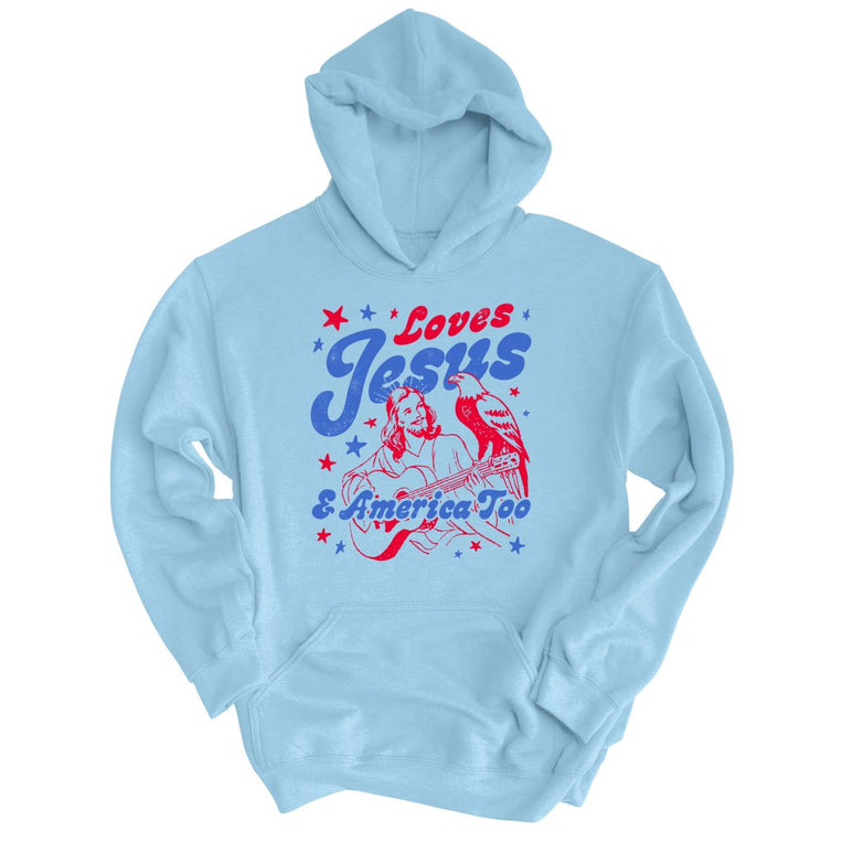 Loves Jesus And America Too Graphic Hoodie - Light Blue