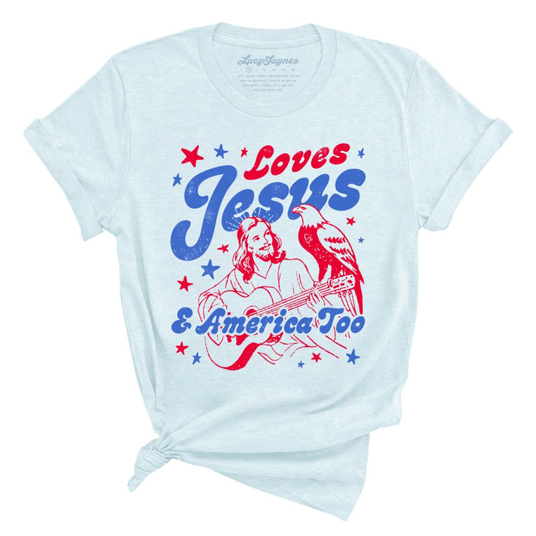 Loves Jesus And America Too Graphic Tee - Heather Ice Blue