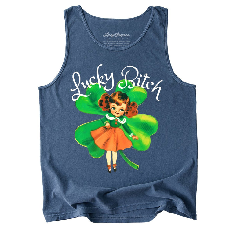Lucky Bitch Comfort Colors Graphic Tank Top - Denim