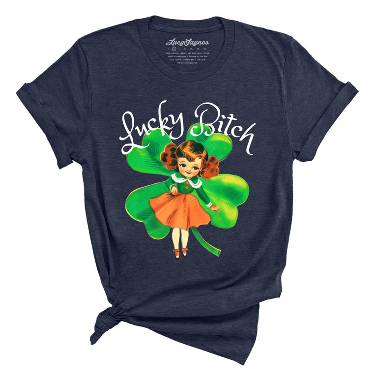 Lucky Bitch Graphic Tee - Heather Midnight Navy