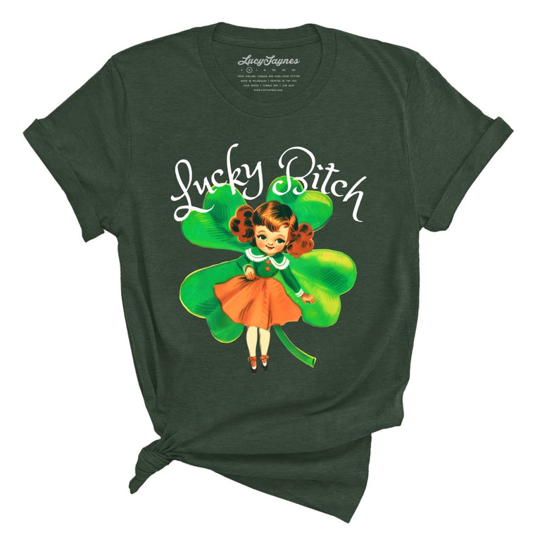 Lucky Bitch Graphic Tee - Heather Forest