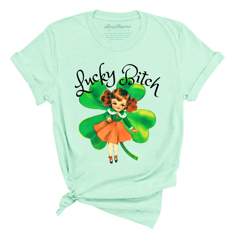 Lucky Bitch Graphic Tee - Heather Mint