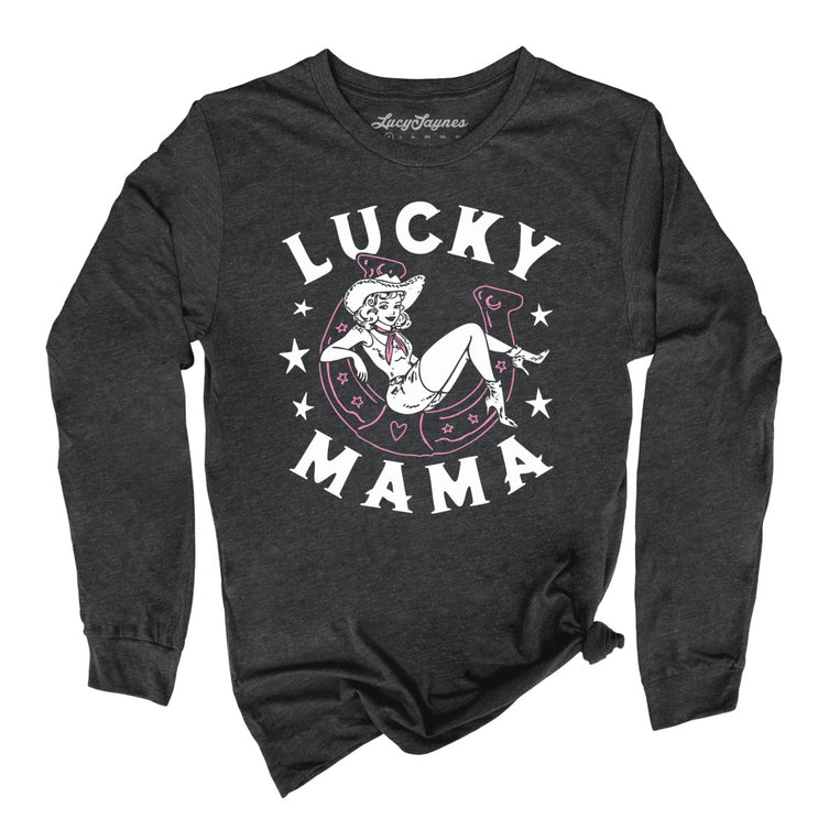 Lucky Mama Graphic Long Sleeve Tee - Dark Grey Heather