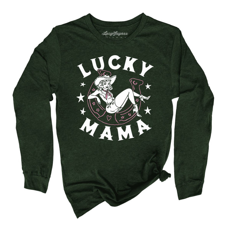 Lucky Mama Graphic Long Sleeve Tee - Heather Forest
