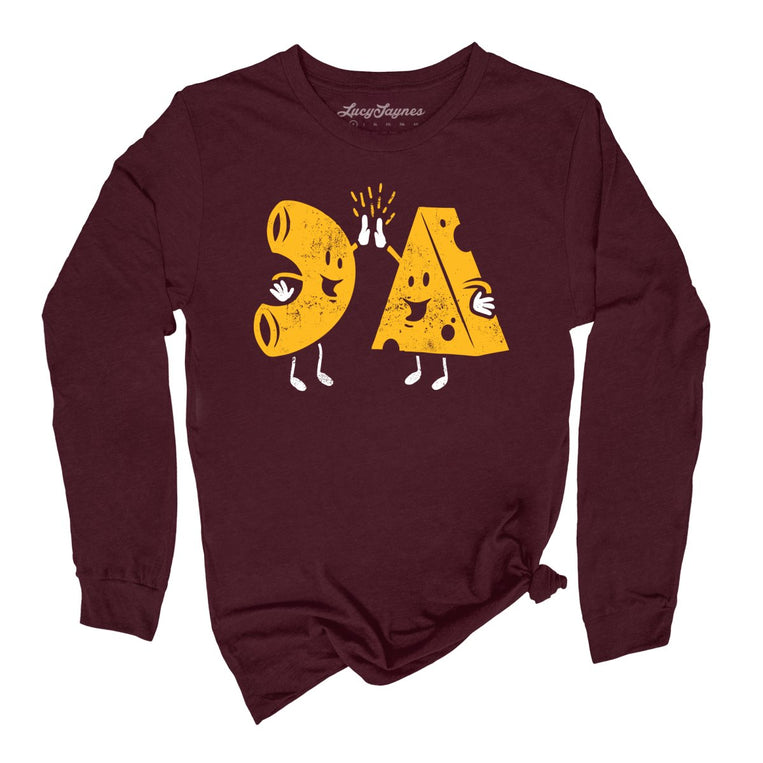 Mac And Cheese High Five Graphic Long Sleeve Tee - Heather Maroon